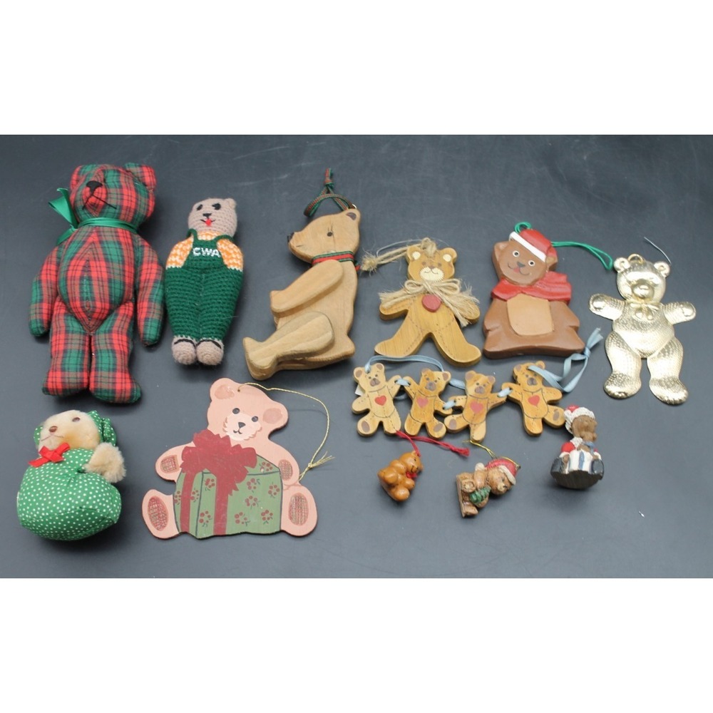 Lot of 12 Bear Christmas Ornaments Mixed Wood Plush Metal Vintage Holiday Decor